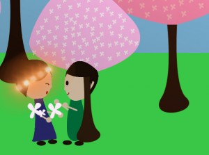 Giving flowers to the girl builds the relationship between the player (boy) and the girl.