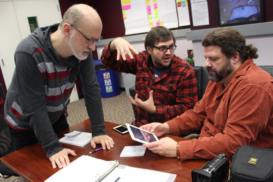 ETC Faculty John Dessler and Director Drew Davidson play our game and give feedback at Softs.