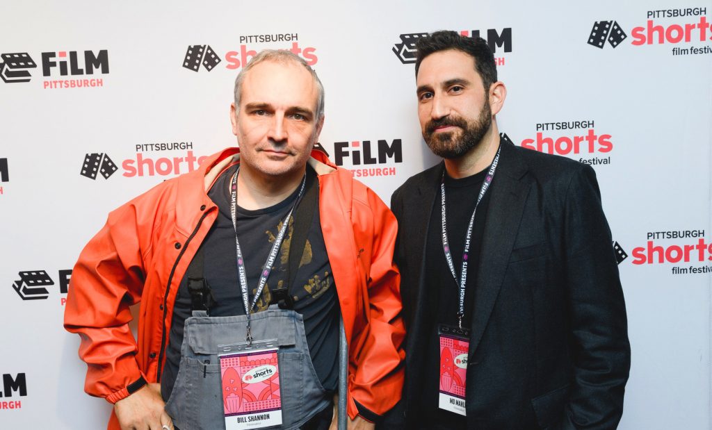 ETC Assistant Teaching Professor Moshe Mahler and artist and performer Bill Shannon at the
 Pittsburgh premiere of Mahler’s short film about Shannon, The Art of Weightlessness.