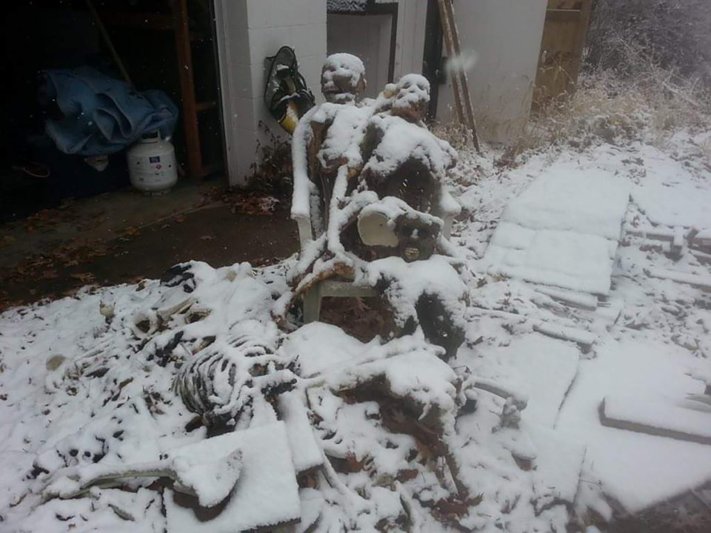 Props Comley’s designed for a haunted house, snowed in