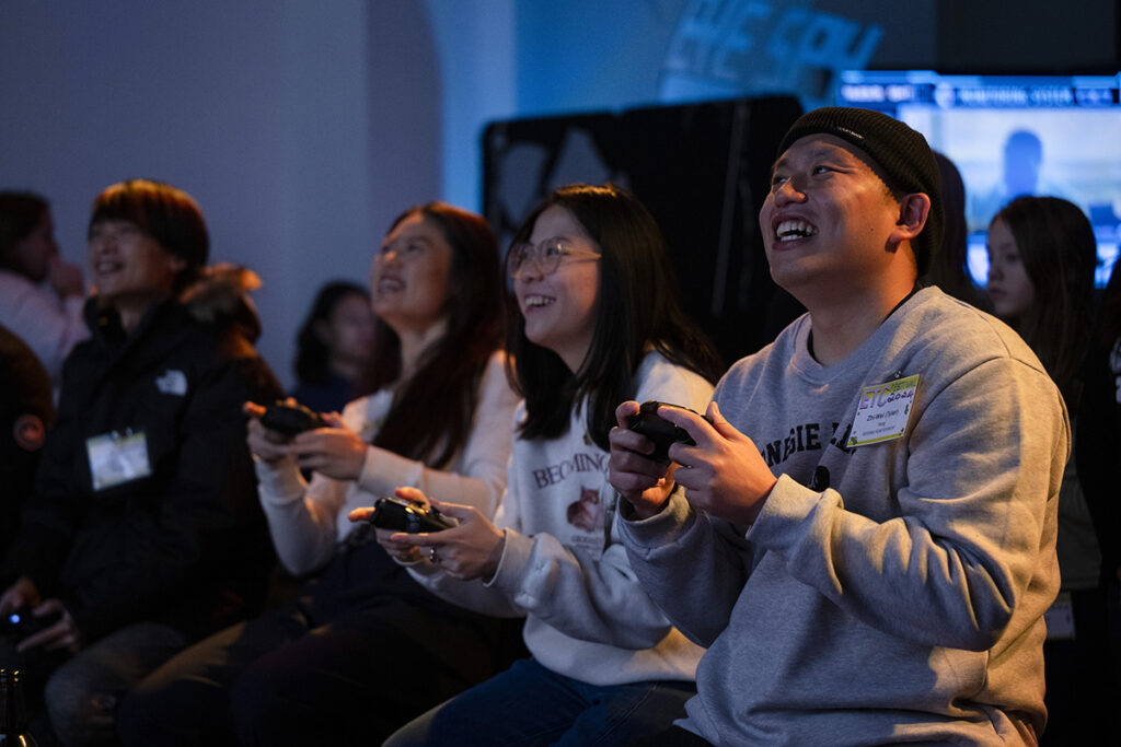 Second-year ETC students Eva Chang and Tyler Wang play a game made by their fellow students