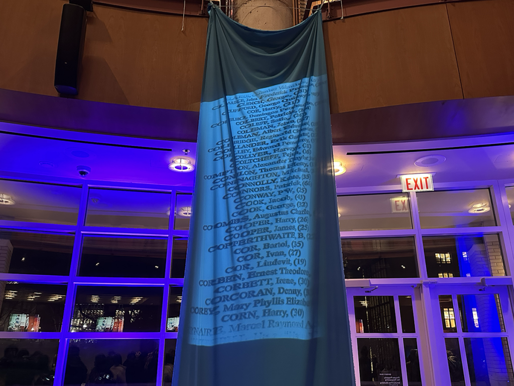 The names of the victims of the Titanic, projected on a piece of fabric by the Encore team after the show ends
Credit: Malaya Heflin
