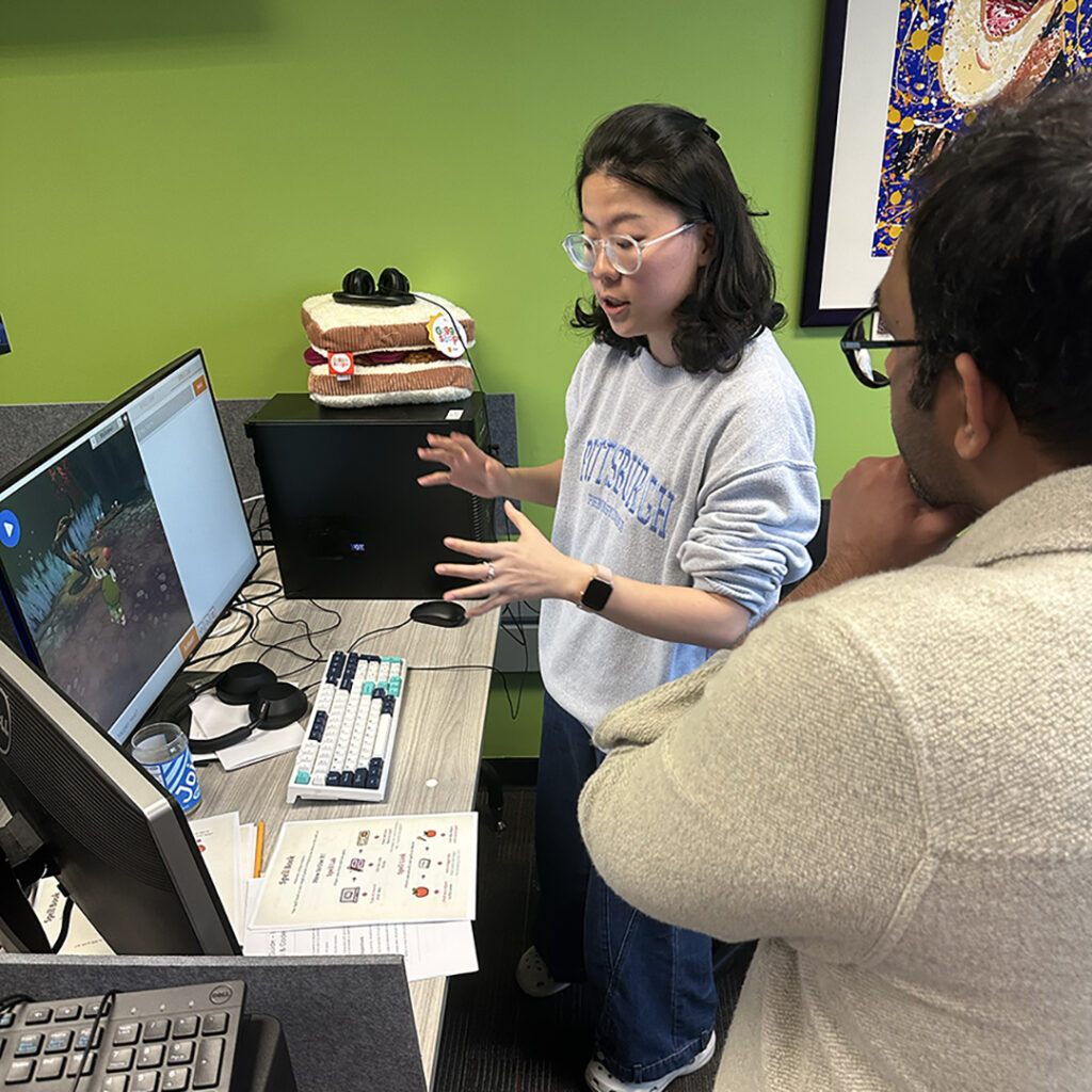 Second-year student Eva Chang helps Sawant playtest Spring 2025’s HelloAlice, a programming tool that will integrate AI technology into the The Alice Project.