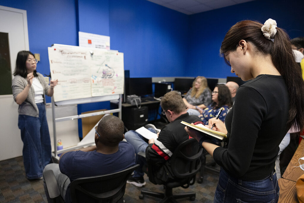 Eva Chang (ETC ‘25) presents Fall 2024 project StepUp to an audience of ETC faculty, staff, and students.