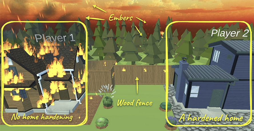 A still from one of the wildfire resilience minigames Johns created